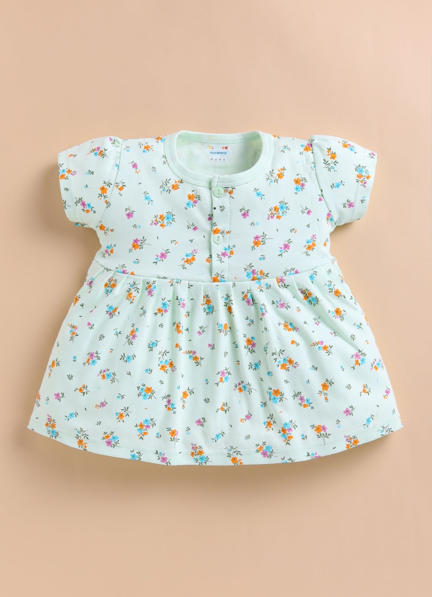 Green & Peach Girls Cap Sleeves Cotton Above Knee Length Frock Pack of 2