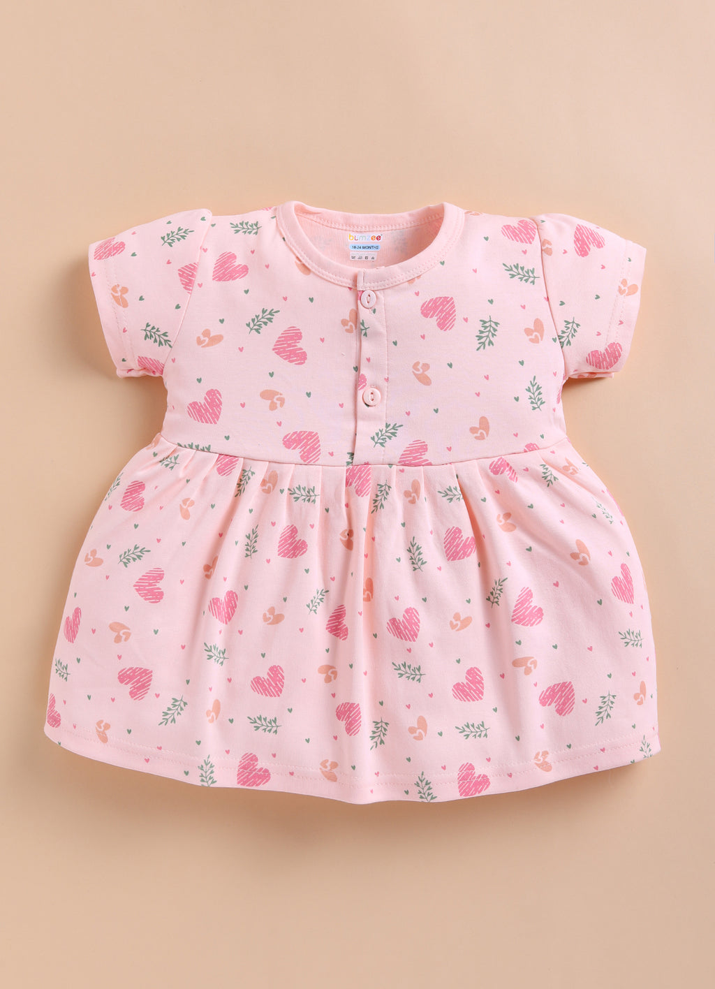 Bumzee Green & Peach Floral Print Frock, Pack of 2, Cap Sleeves, 100% Cotton