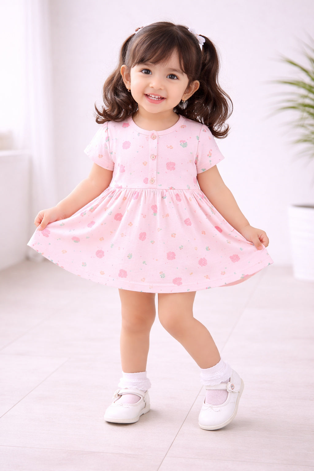 Green & Peach Girls Cap Sleeves Cotton Above Knee Length Frock Pack of 2