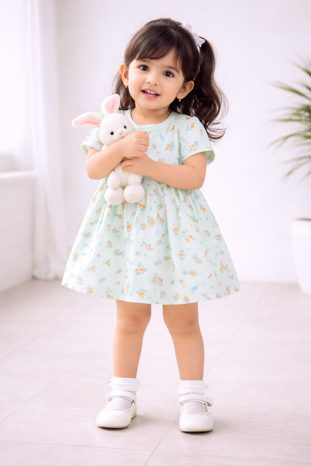 Green & Peach Girls Cap Sleeves Cotton Above Knee Length Frock Pack of 2