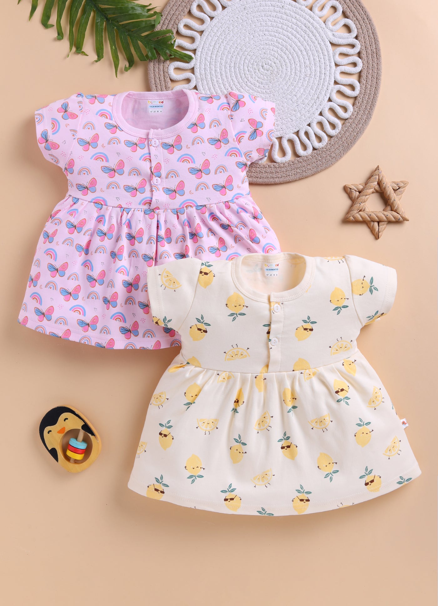 Pink & Yellow Girls Cap Sleeves Cotton Above Knee Length Frock Pack of 2