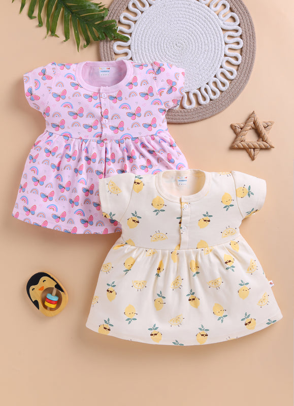 Pink & Yellow Girls Cap Sleeves Cotton Above Knee Length Frock Pack of 2
