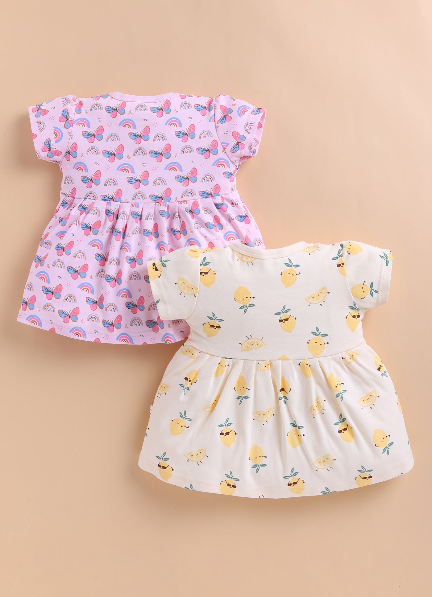Pink & Yellow Girls Cap Sleeves Cotton Above Knee Length Frock Pack of 2