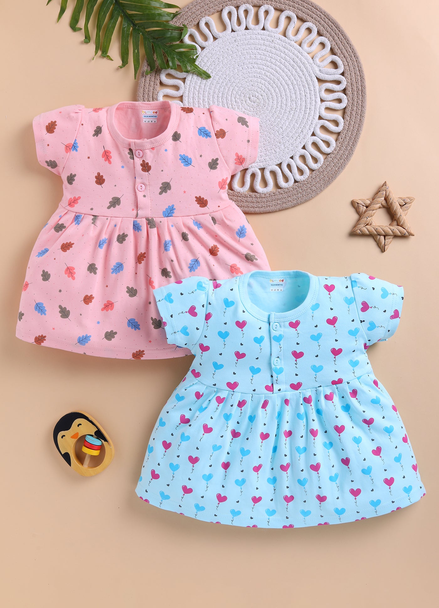 Blue & Peach Girls Cap Sleeves Cotton Above Knee Length Frock Pack of 2