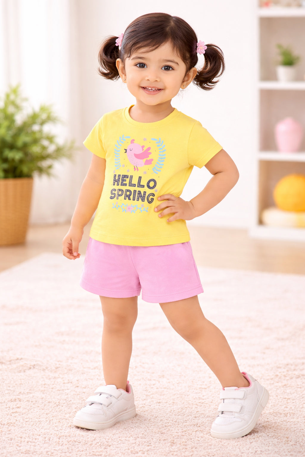 BUMZEE Yellow & White Girls Half Sleeves Cotton T-Shirts Pack Of 2