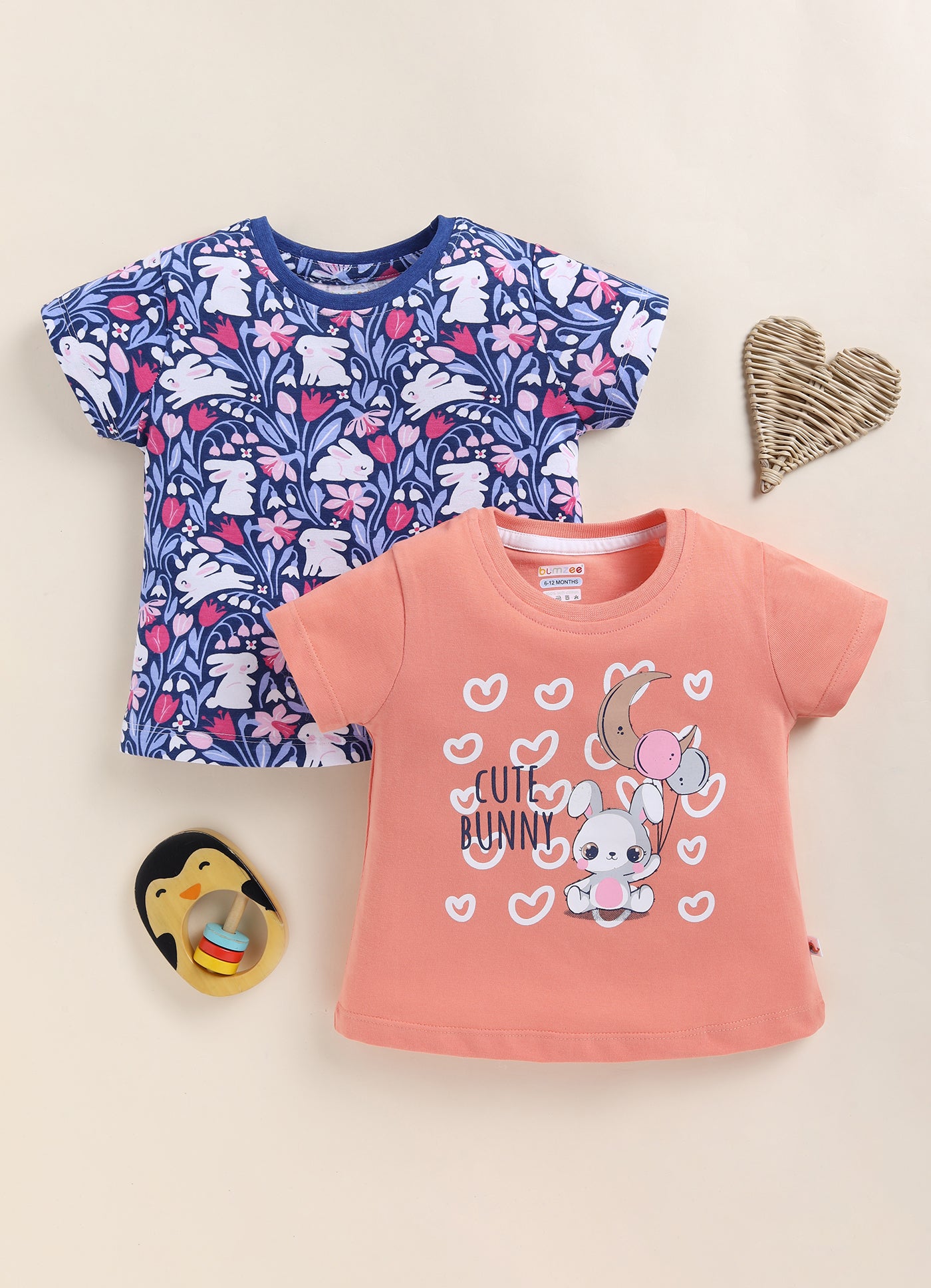 BUMZEE Orange & Navy Girls Half Sleeves Cotton T-Shirts Pack Of 2