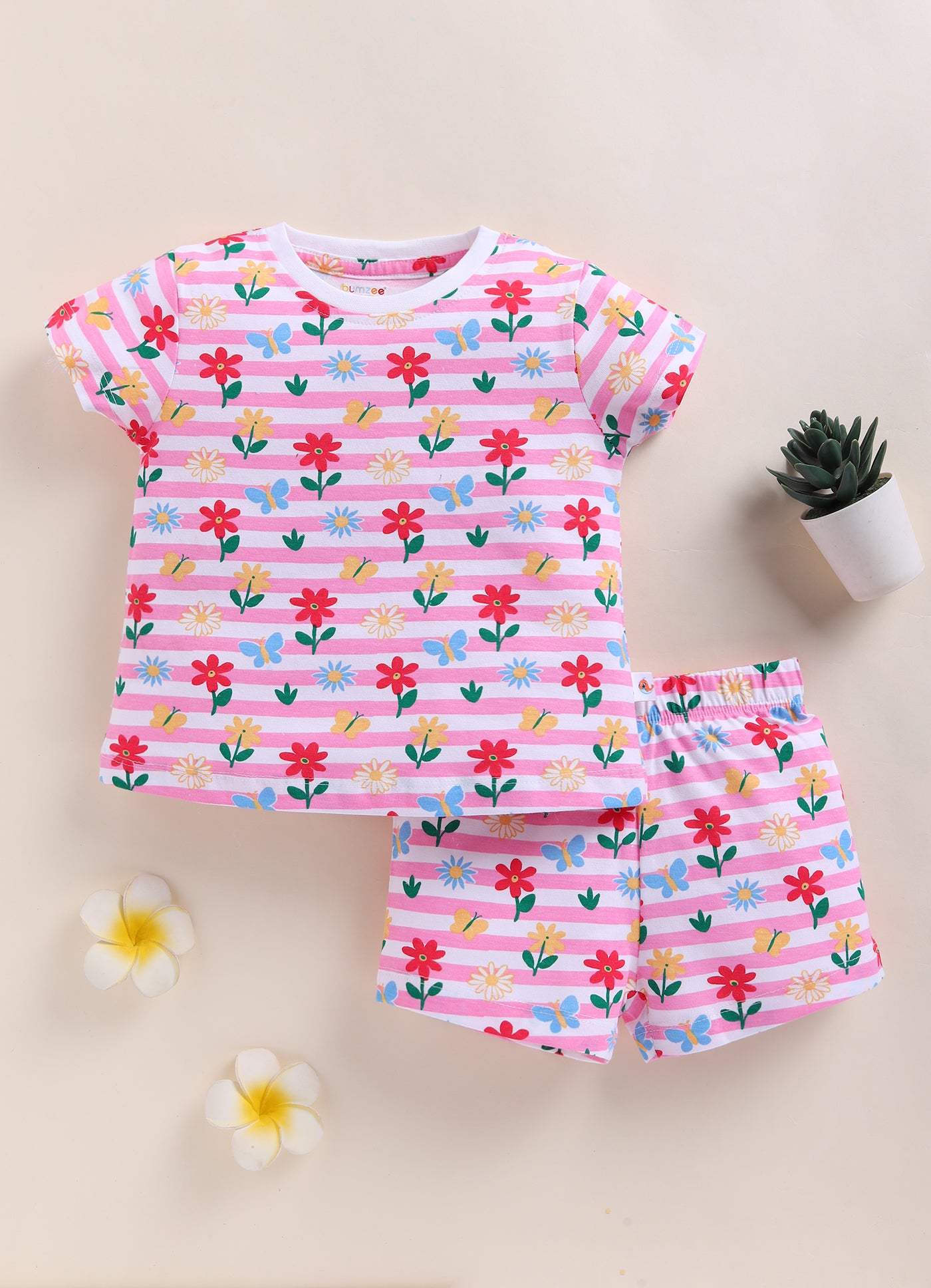 BUMZEE White & Pink Girls Half Sleeves T-Shirt & Short Set