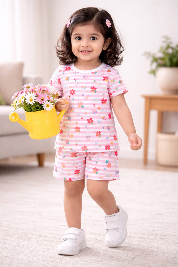 Girls 100% Cotton Floral T-Shirt & Short Set - White & Pink
