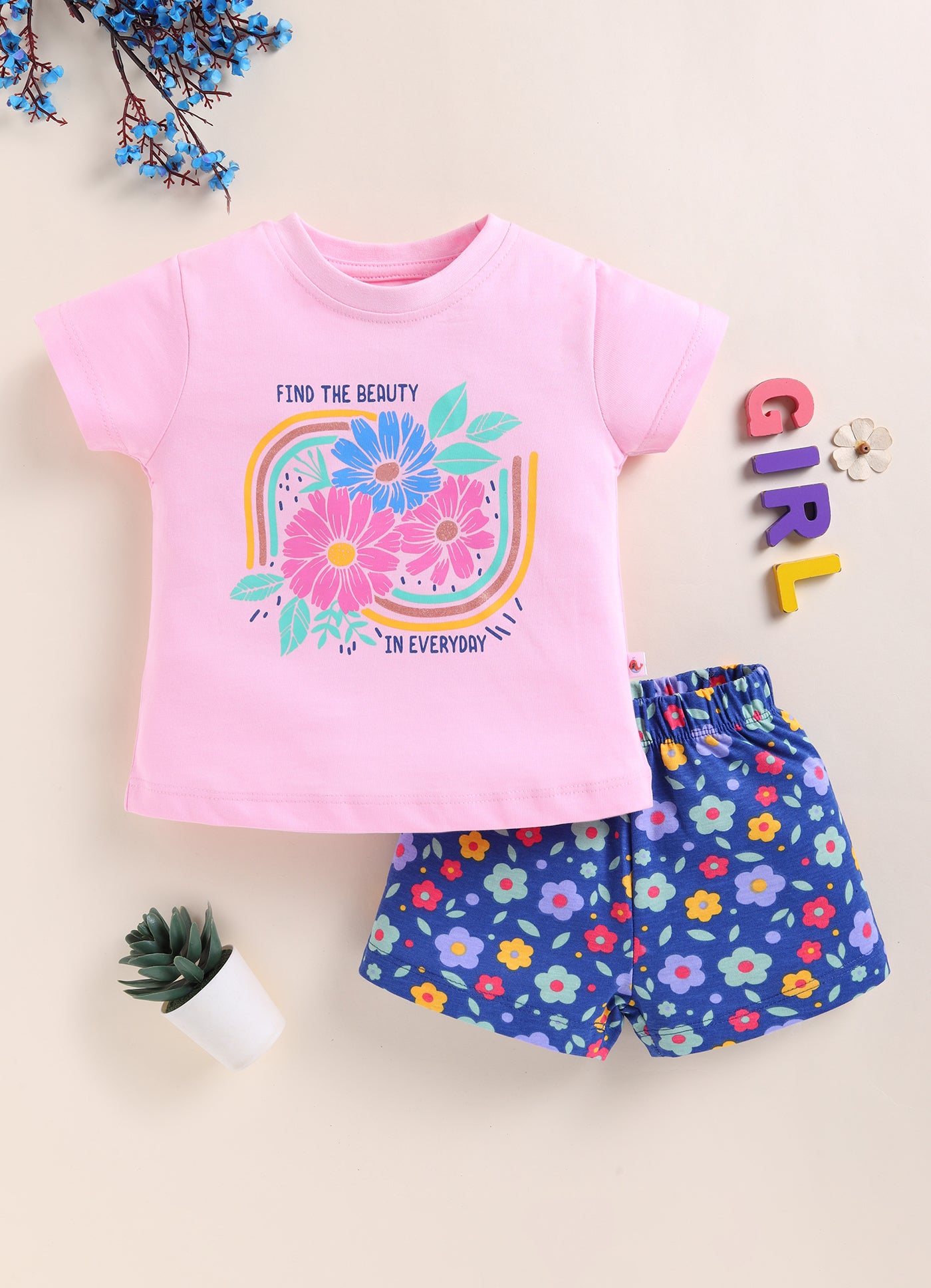 BUMZEE Baby Pink & Navy Girls Half Sleeves T-Shirt & Short Set