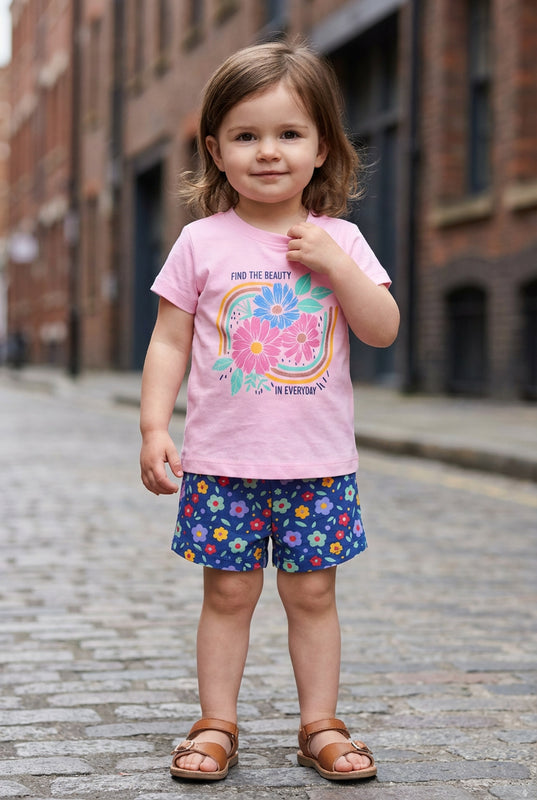 BUMZEE Baby Pink & Navy Girls Half Sleeves T-Shirt & Short Set