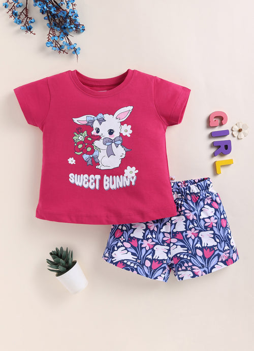 Girls 100% Cotton Bunny Half T-Shirt & Short Set Pack of 1 - Pink & Navy