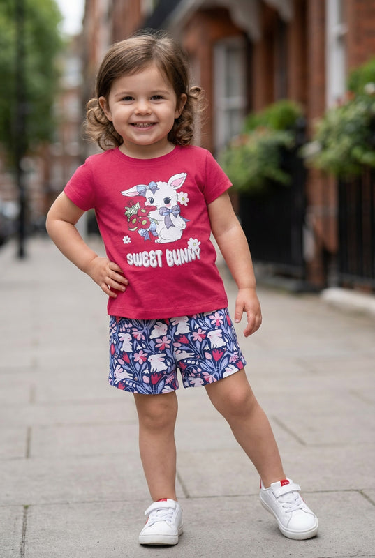 BUMZEE Pink & Navy Girls Half Sleeves T-Shirt & Short Set