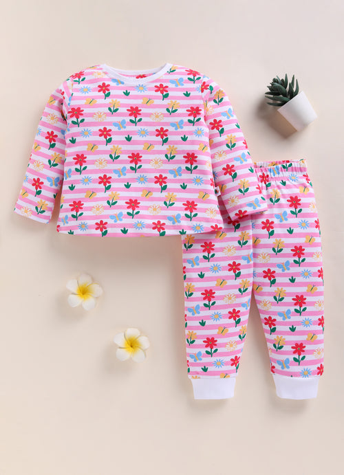 Girls 100% Cotton Floral Full Sleeves T-Shirt & Pyjama Set - White & Pink