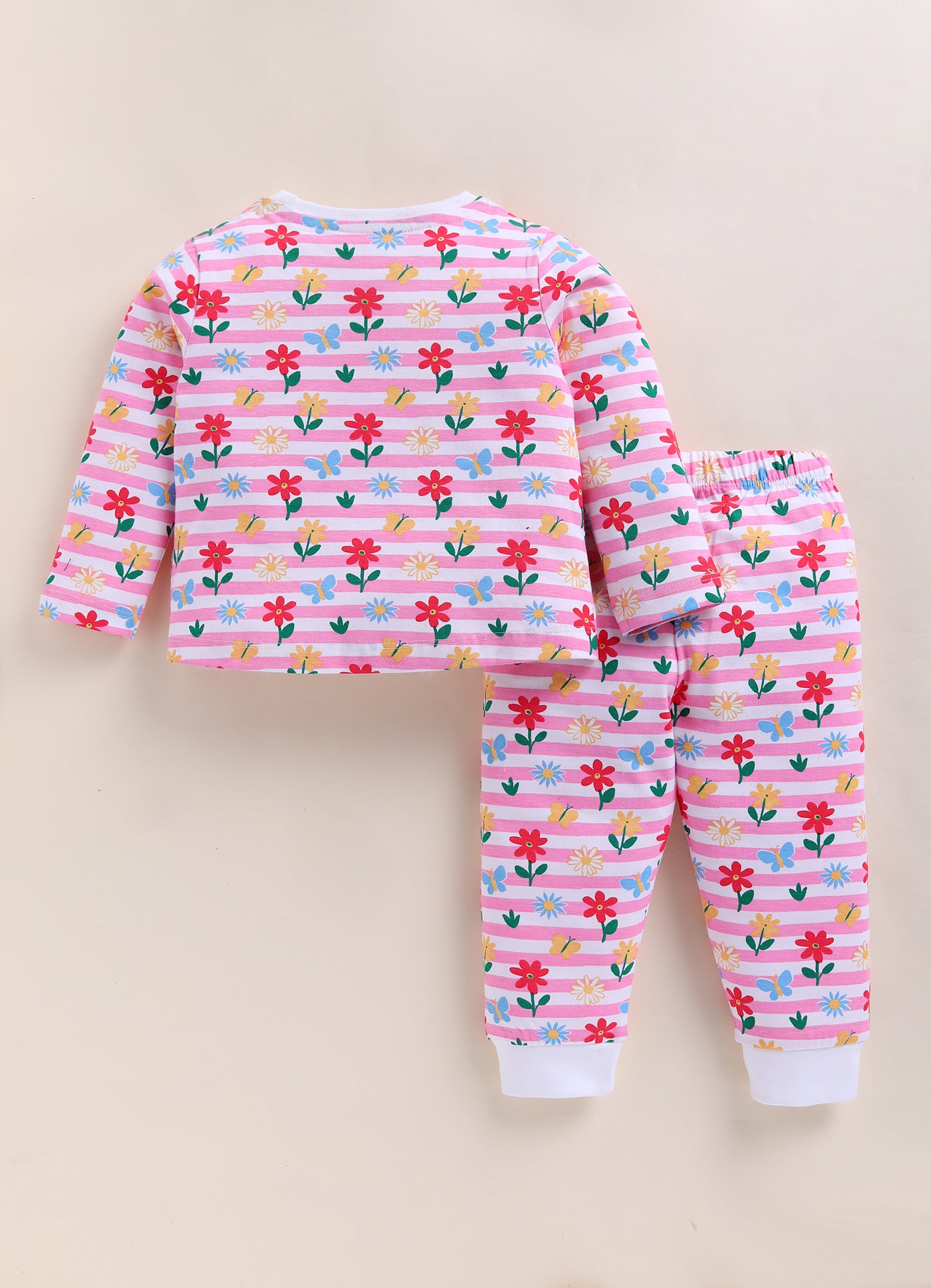 White & Pink Girls Full Sleeves Cotton T-Shirt & Pyjama Set