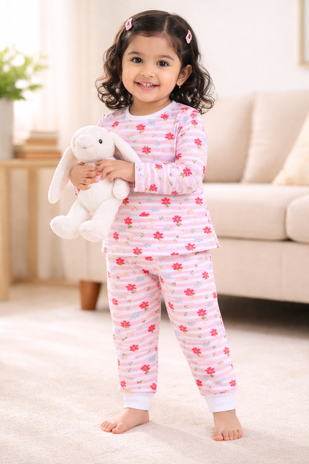 White & Pink Girls Full Sleeves Cotton T-Shirt & Pyjama Set