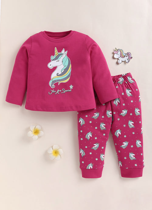 Girls 100% Cotton Animal Full Sleeves T-Shirt & Pyjama Set - Pink
