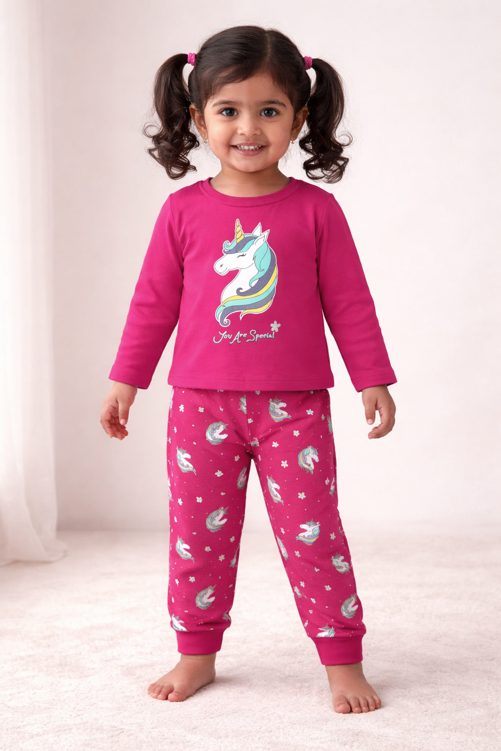 Pink Girls Full Sleeves Cotton T-Shirt & Pyjama Set