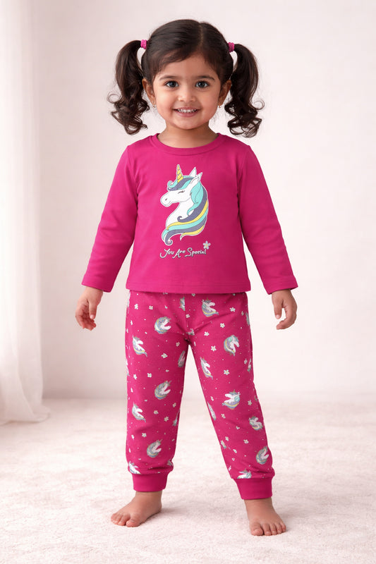 Pink Girls Full Sleeves Cotton T-Shirt & Pyjama Set