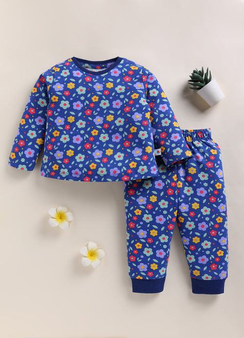 Girls 100% Cotton Floral Full Sleeves T-Shirt & Pyjama Set - Navy
