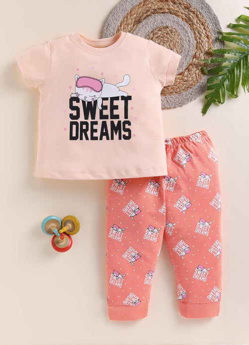 Girls 100% Cotton Animal Half Sleeves T-Shirt & Pyjama Set - Peach & Orange