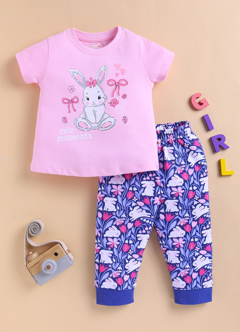 Bumzee Pink & Navy Animal Print T-Shirt & Pyjama Set, Half Sleeves, 100% Cotton