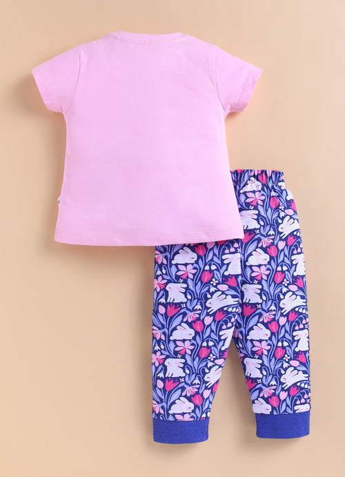 Girls 100% Cotton Animal Half Sleeves T-Shirt & Pyjama Set - Pink & Navy