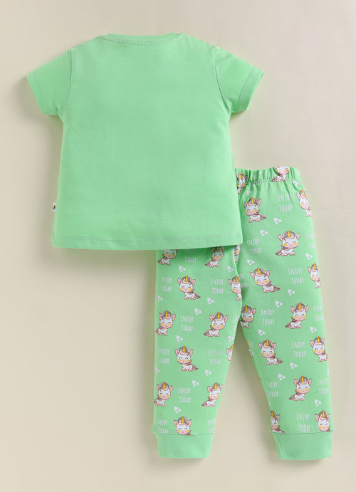 Girls 100% Cotton Animal Half Sleeves T-Shirt & Pyjama Set - Green