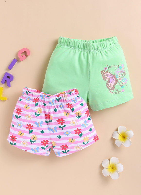 BUMZEE Green & Pink Girls Shorts Pack of 2