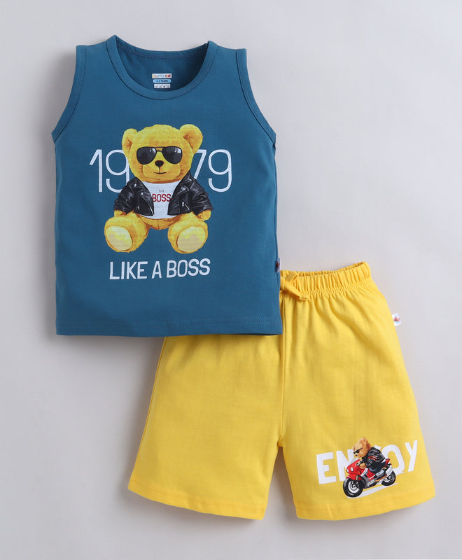 BUMZEE Teal & Yellow Boys Sleeveless T-Shirt & Short Set