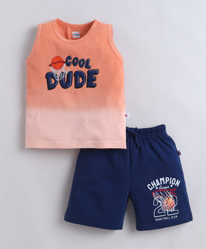 BUMZEE Orange & Navy Boys Sleeveless T-Shirt & Short Set