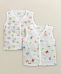 Bumzee White Animal Print Muslin Jabla, Pack of 2, Sleeveless, Cotton Muslin (Style Peb11615)