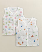 Bumzee White Animal Print Muslin Jabla, Pack of 2, Sleeveless, Cotton Muslin (Style Peb11615)