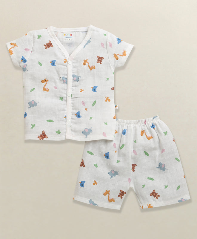 White Baby Boys Half Sleeves Pure Cotton Muslin Jabla & Short Set