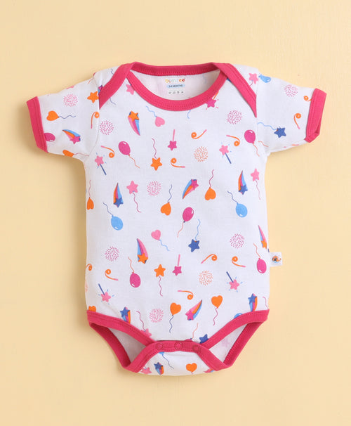 Girls 100% Cotton Graphic Half Sleeves Bodysuit - Pink & White
