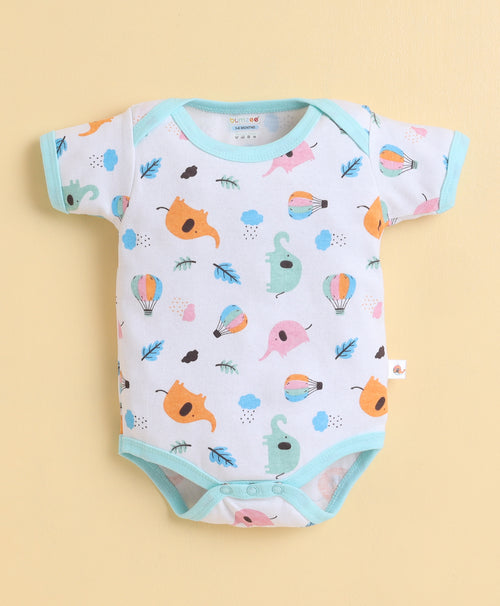 Boys 100% Cotton Animal Half Sleeves Bodysuit - Mint & White