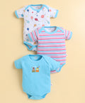 Bumzee Blue & White Graphic Print Bodysuit, Pack of 3, Half Sleeves, 100% Cotton