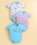 Bumzee Blue & White Graphic Print Bodysuit, Pack of 3, Half Sleeves, 100% Cotton
