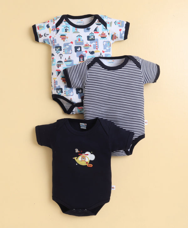 Navy & White Boys Half Sleeves Bodysuit Pack Of 3