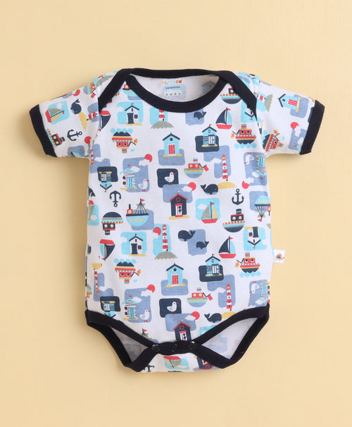 Boys 100% Cotton Graphic Half Sleeves Bodysuit - Navy & White