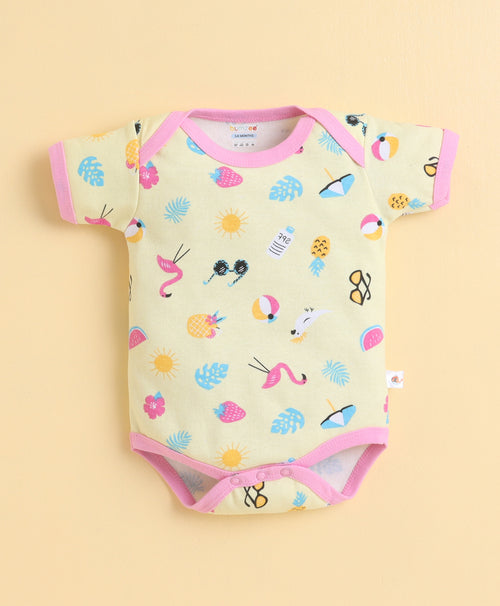 Girls 100% Cotton Graphic Half Sleeves Bodysuit - Pink & Yellow