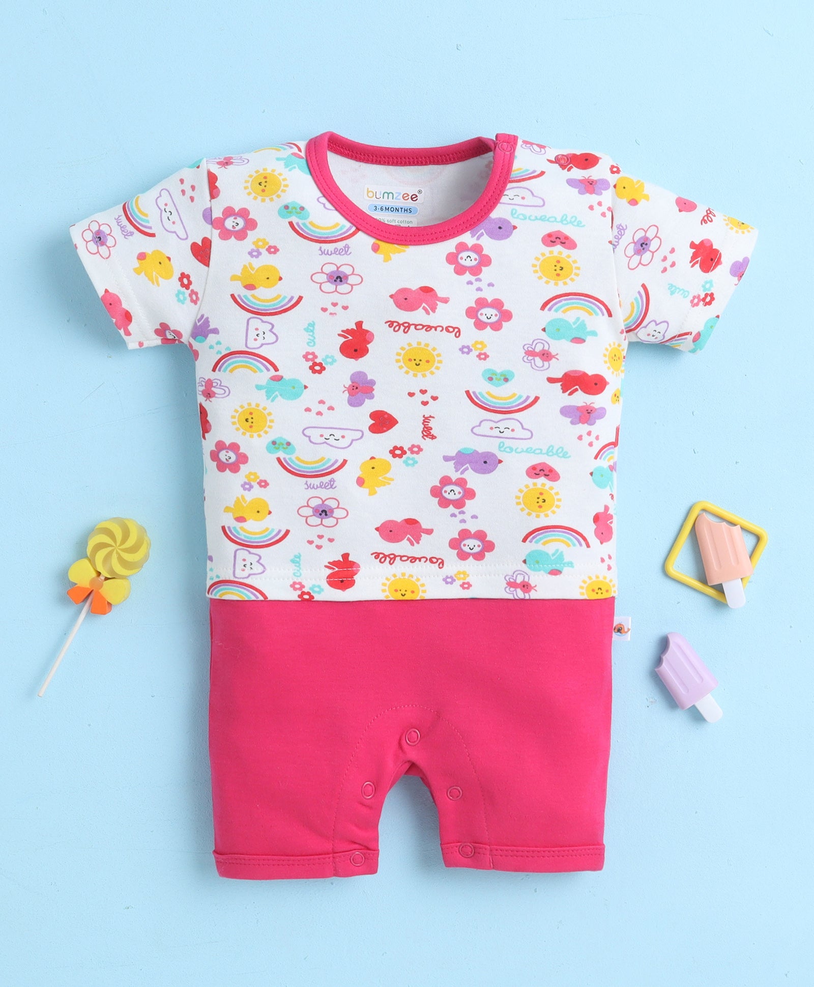 White & Pink Girls Half Sleeves Thigh Length Romper