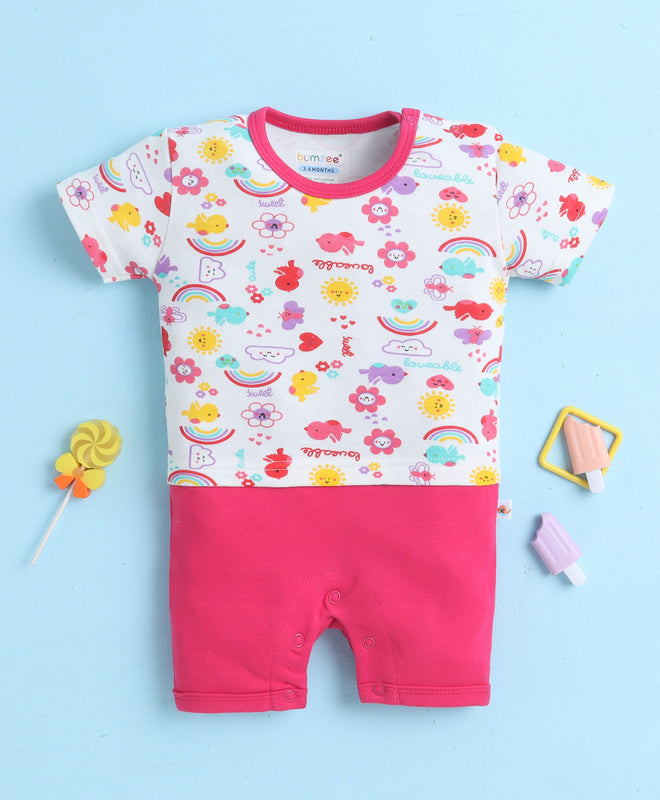 White & Pink Girls Half Sleeves Thigh Length Romper