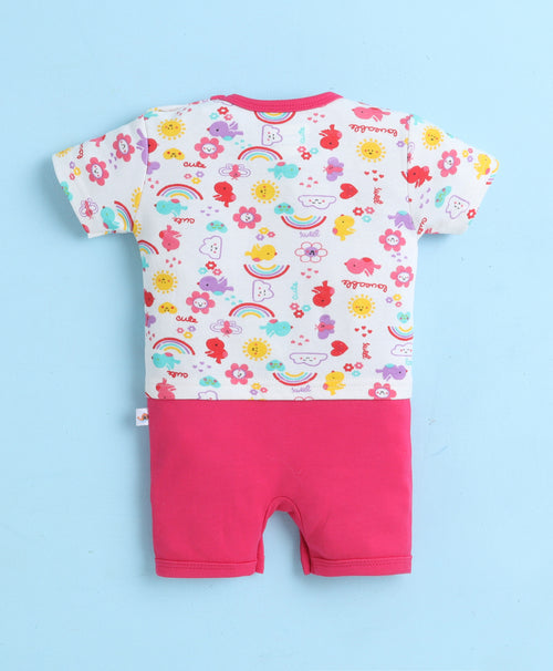 Girls 100% Cotton Animal Half Sleeves Romper - White & Pink