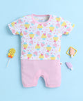 Bumzee White & Baby Pink Graphic Print Romper, Half Sleeves, 100% Cotton
