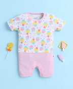 Bumzee White & Baby Pink Graphic Print Romper, Half Sleeves, 100% Cotton