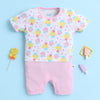 White & Baby Pink Girls Half Sleeves Thigh Length Romper