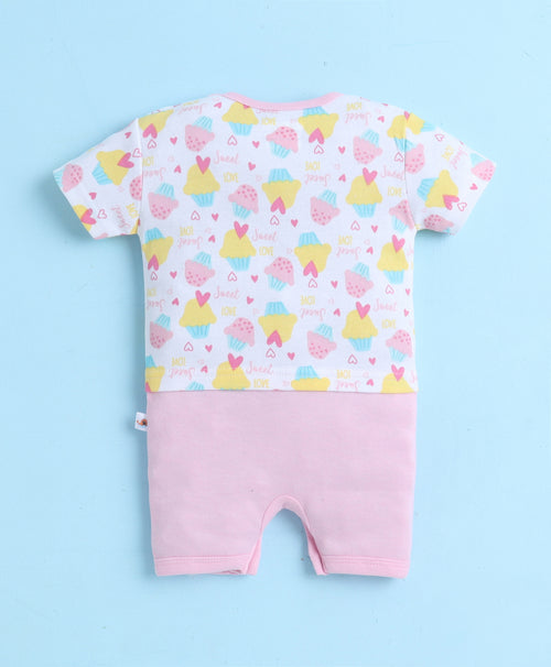 Girls 100% Cotton Graphic Half Sleeves Romper - White & Baby Pink