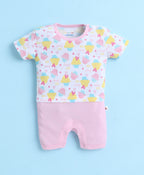 Bumzee White & Baby Pink Graphic Print Romper, Half Sleeves, 100% Cotton