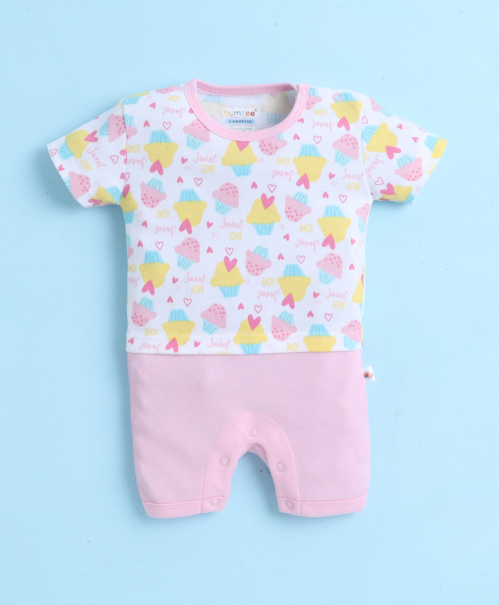 White & Baby Pink Girls Half Sleeves Thigh Length Romper