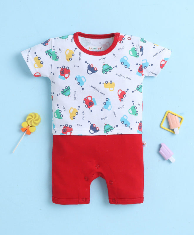 White & Red Boys Half Sleeves Thigh Length Romper